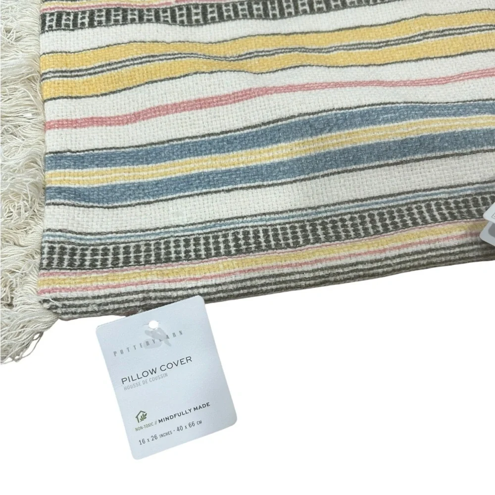 Pottery Barn Cassidy Striped Lumbar Pillow Covers Set/2 16x26 Cotton Linen woven